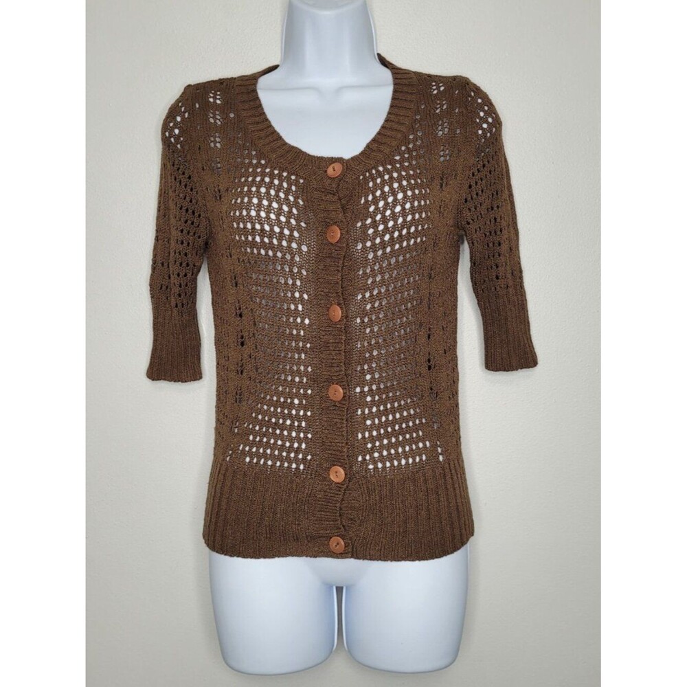 Susina brown button front open knit 3/4 sleeve rustic preppy cardigan size M